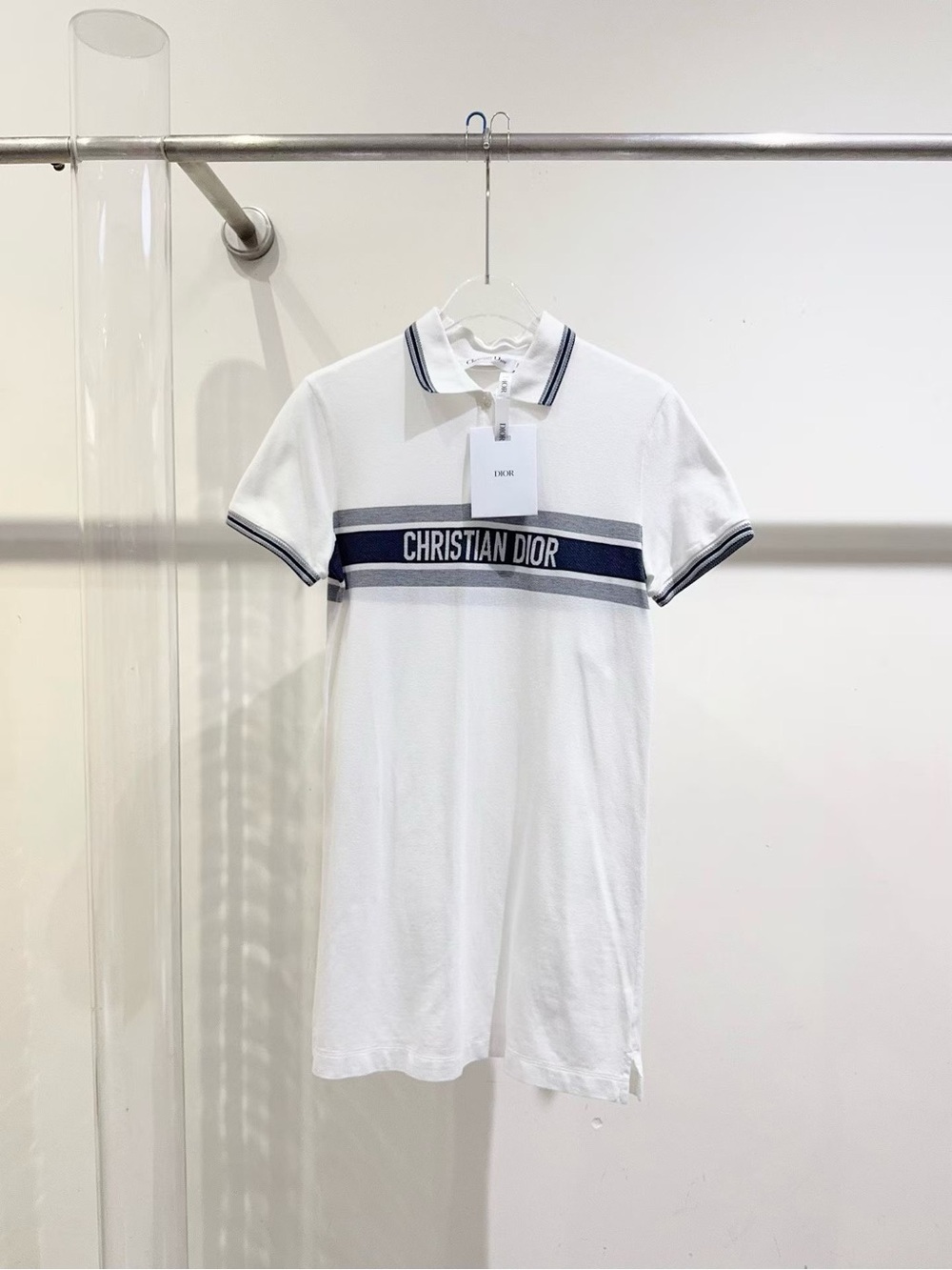 Dior White Polo Dress with Navy Chest Stripe